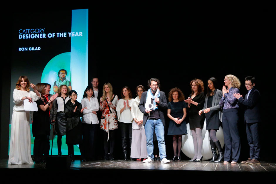 Ron Gilad, designer of the year, at the center of the stage, with the editors in chief of ELLE decoration network © Canio Romaniello Olycom