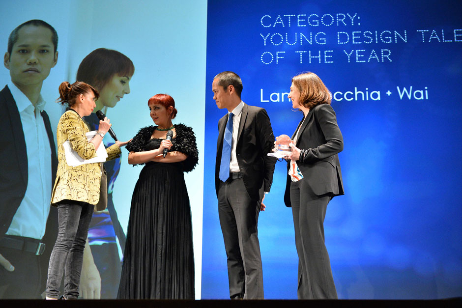 Livia Peraldo Matton, editor in chief at ELLE decor italia, awards Lanzavecchia + Way, young designer talent of the year, on the left Paola Maugeri © Stefano Pavesi - Fabio Iona