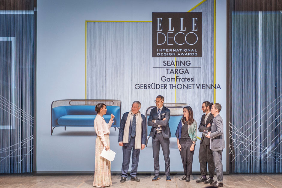 Paola Maugeri, speaker, Franco Moschini and Ricardo Piggati, respectively President & CEO of Gebrüder Thonet Vienna, Stine Gam and Enrico Fratesi, designers and Shigenori Hamaguchi, Editor-in-Chief at ELLE DECOR Japan © VALENTINA SOMMARIVA