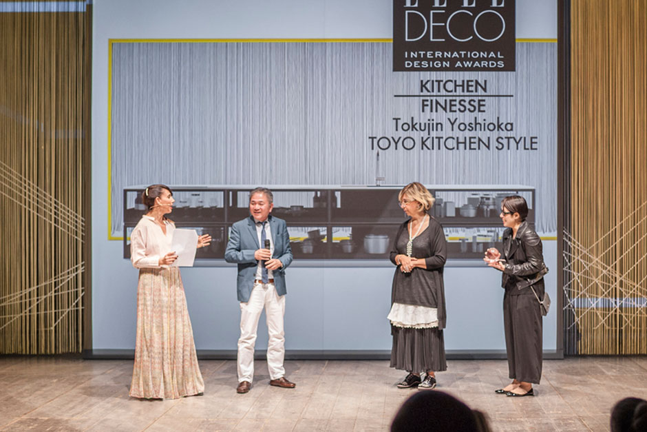 Paola Maugeri, speaker, Takao Watanabe, President of Toyo Kitchen Style, with Désirée Sadek, Editor-in-Chief at ELLE DECORATION Middle-East and Florence Lu, Editor-in-Chief at ELLE DECORATION Taiwan © VALENTINA SOMMARIVA